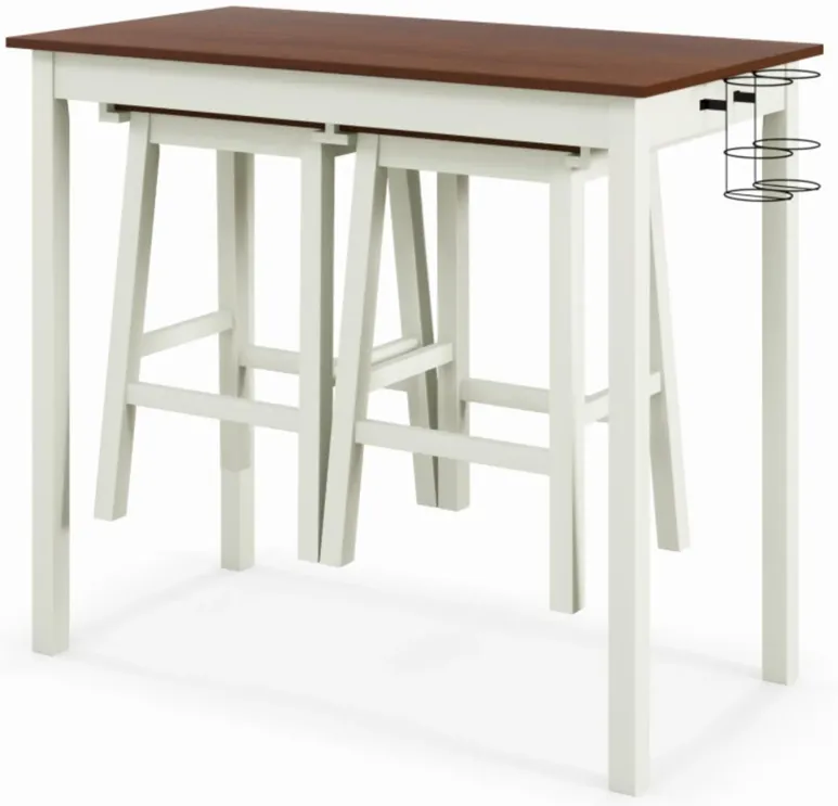 Hivvago 3-Piece Bar Table Set with 2 Wine Holders and Wooden Legs-White