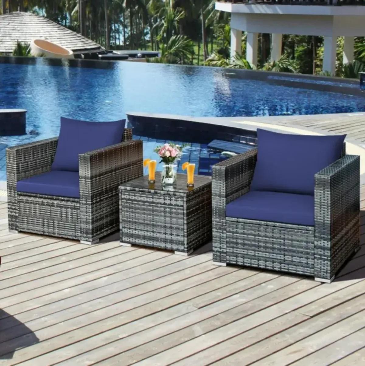 Hivvago 3 Pieces Patio Rattan Furniture Bistro Sofa Set with Cushioned