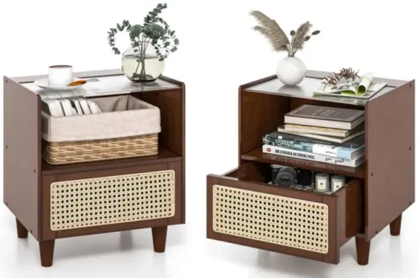 Hivvago 2 Pieces Bamboo Rattan Nightstand with Drawer and Solid Wood Legs