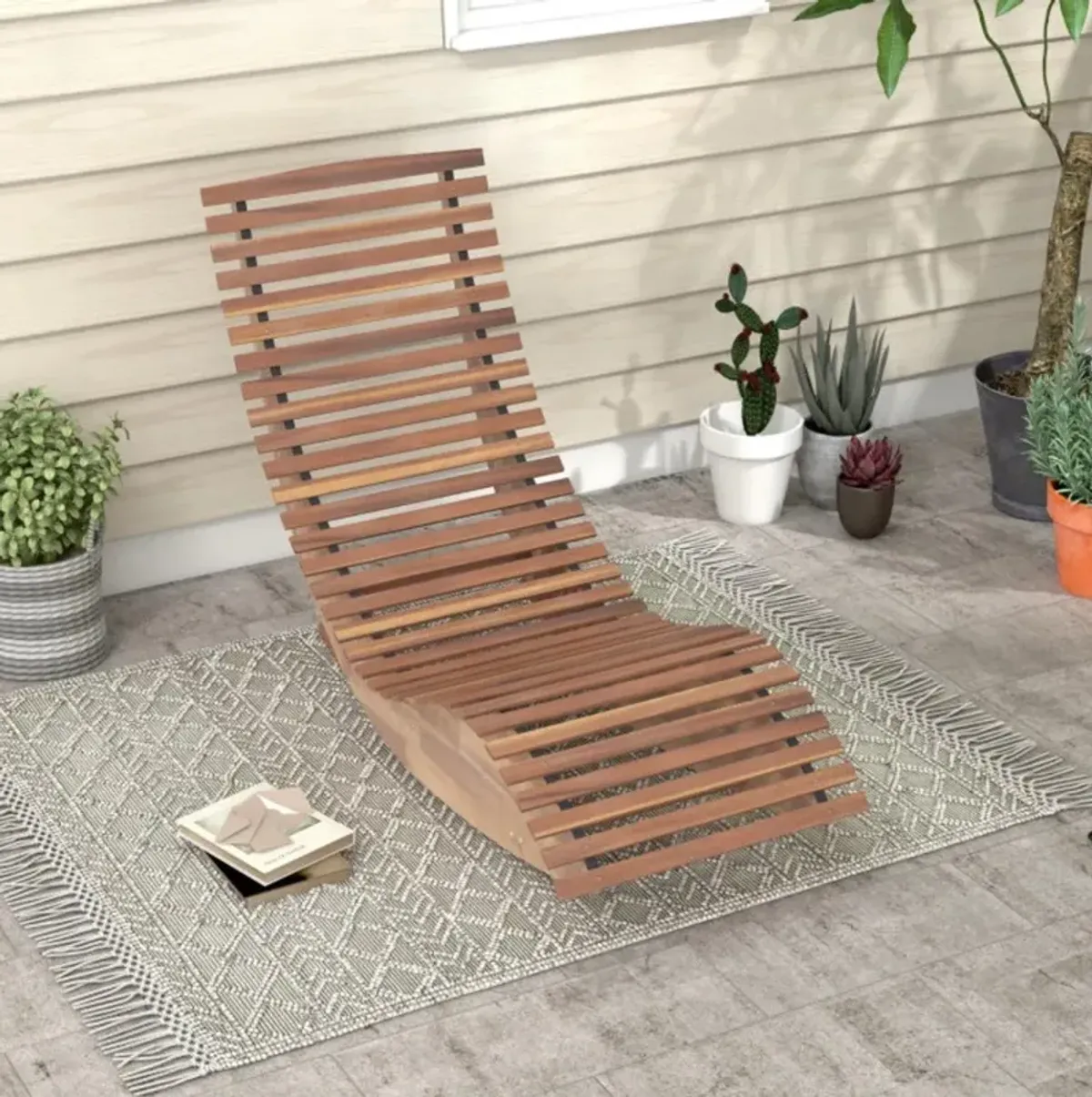 Hivvago Outdoor Acacia Wood Rocking Chair with Widened Slatted Seat and High Back