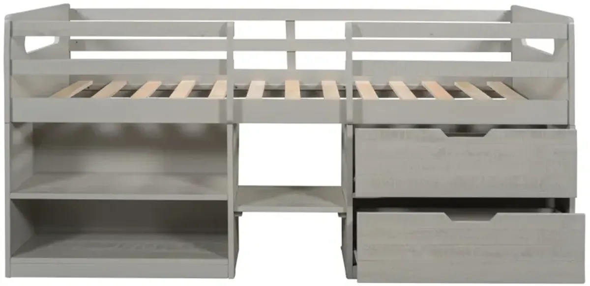 Twin Size Loft Bed With Two Shelves And Two Drawers