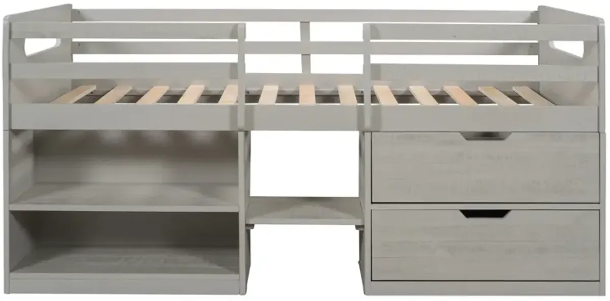 Twin Size Loft Bed With Two Shelves And Two Drawers