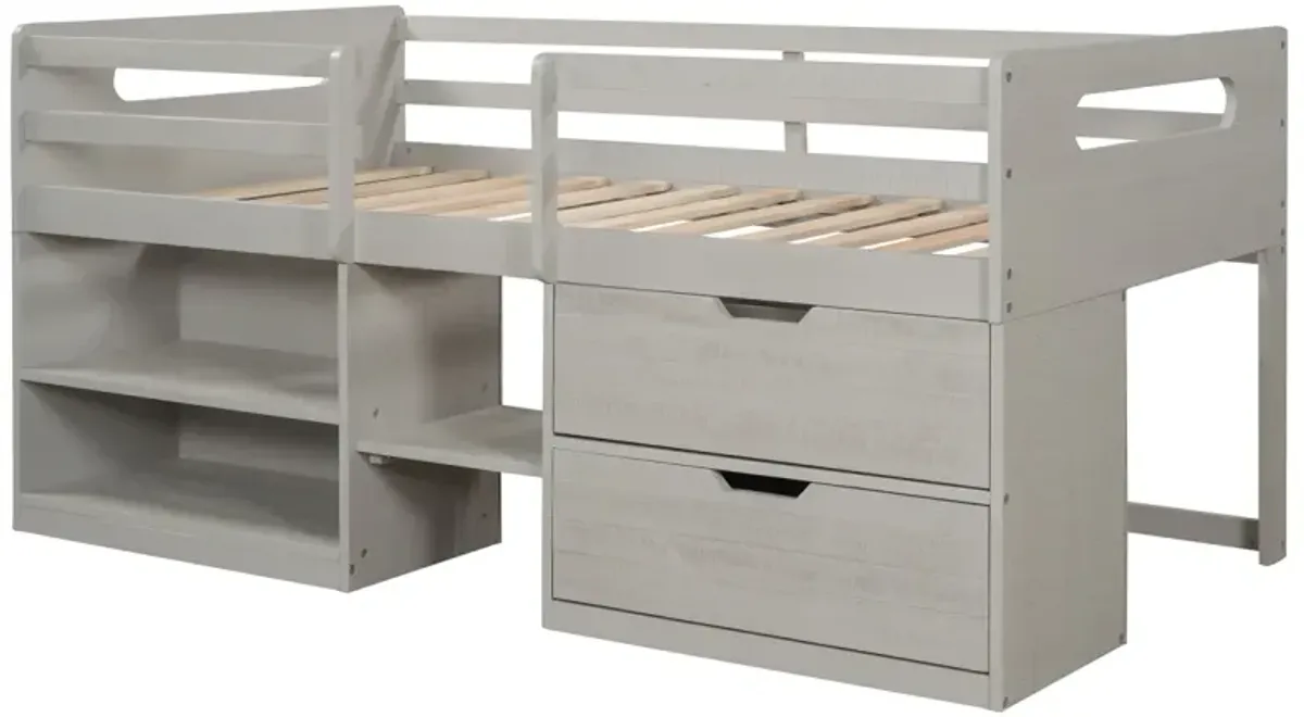 Twin Size Loft Bed With Two Shelves And Two Drawers