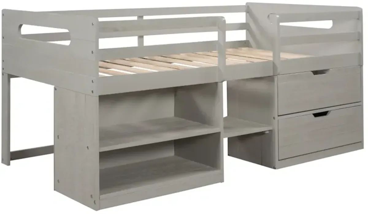 Twin Size Loft Bed With Two Shelves And Two Drawers