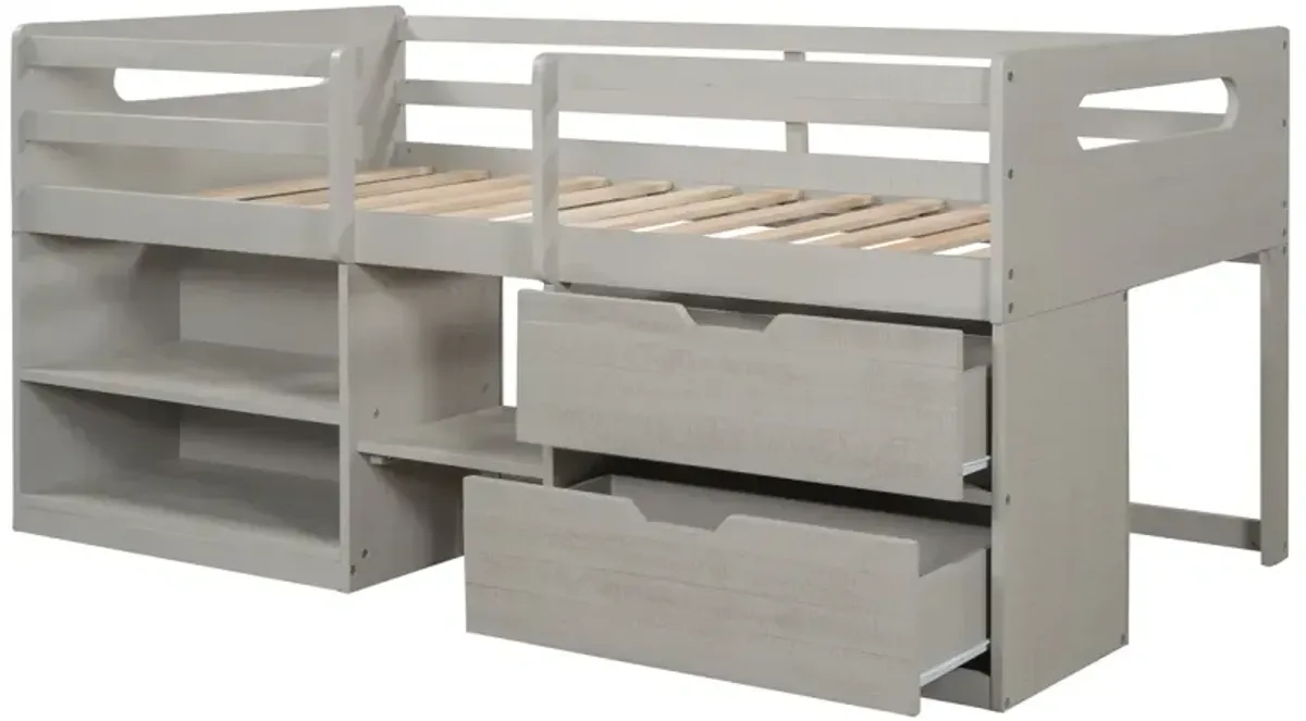 Twin Size Loft Bed With Two Shelves And Two Drawers