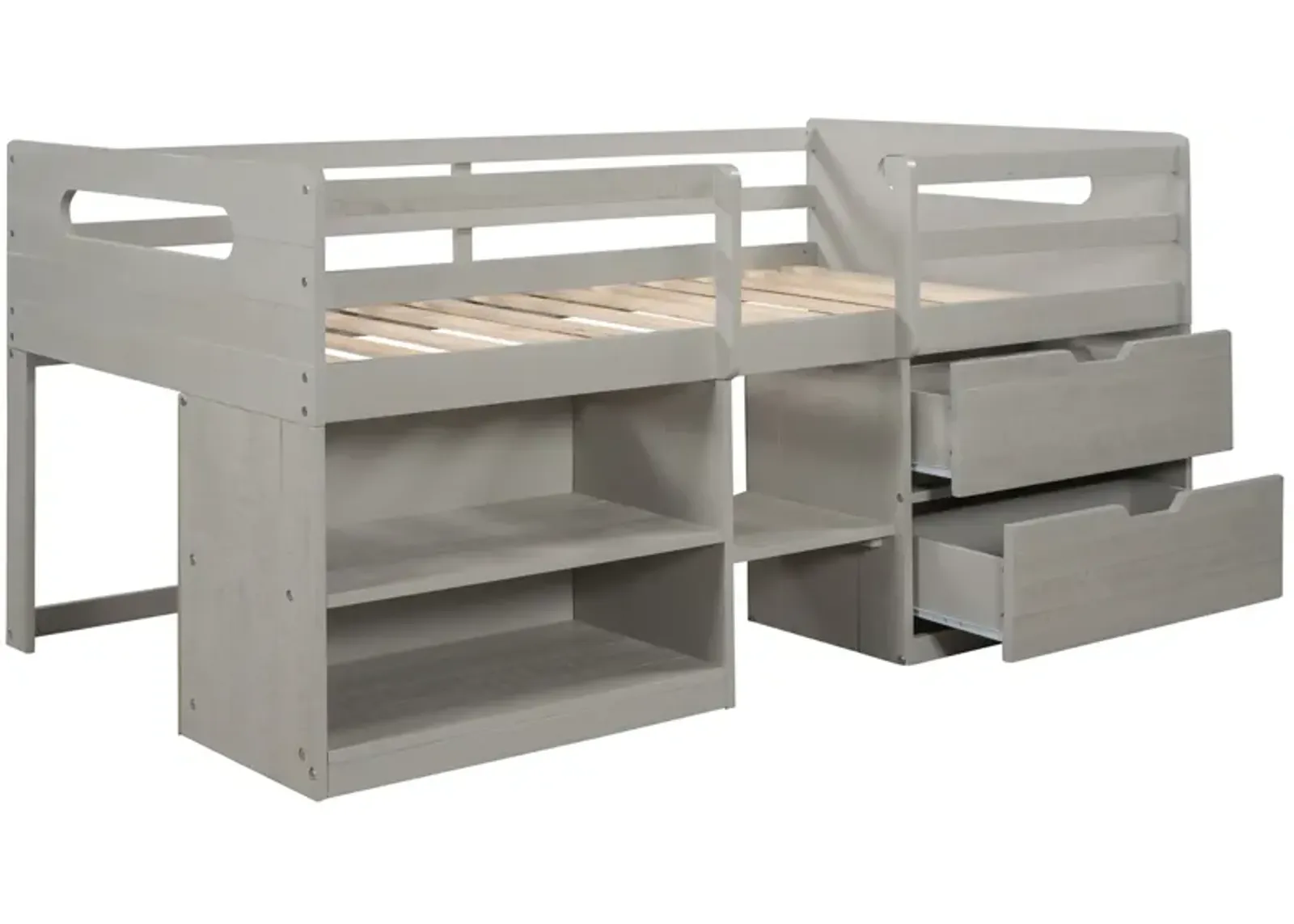 Twin Size Loft Bed With Two Shelves And Two Drawers