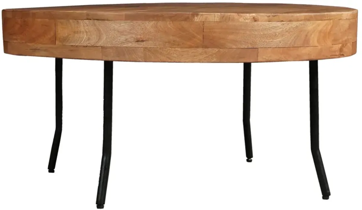 32 Inch Coffee Table, Handcrafted Mango Wood Round Top, Black Metal Angled Legs - Benzara