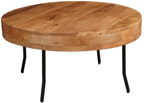 32 Inch Coffee Table, Handcrafted Mango Wood Round Top, Black Metal Angled Legs - Benzara
