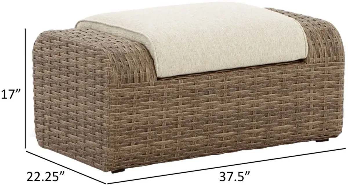 Julia 38 Inch Outdoor Ottoman with Cushion, Resin Wicker, Beige Fabric - Benzara