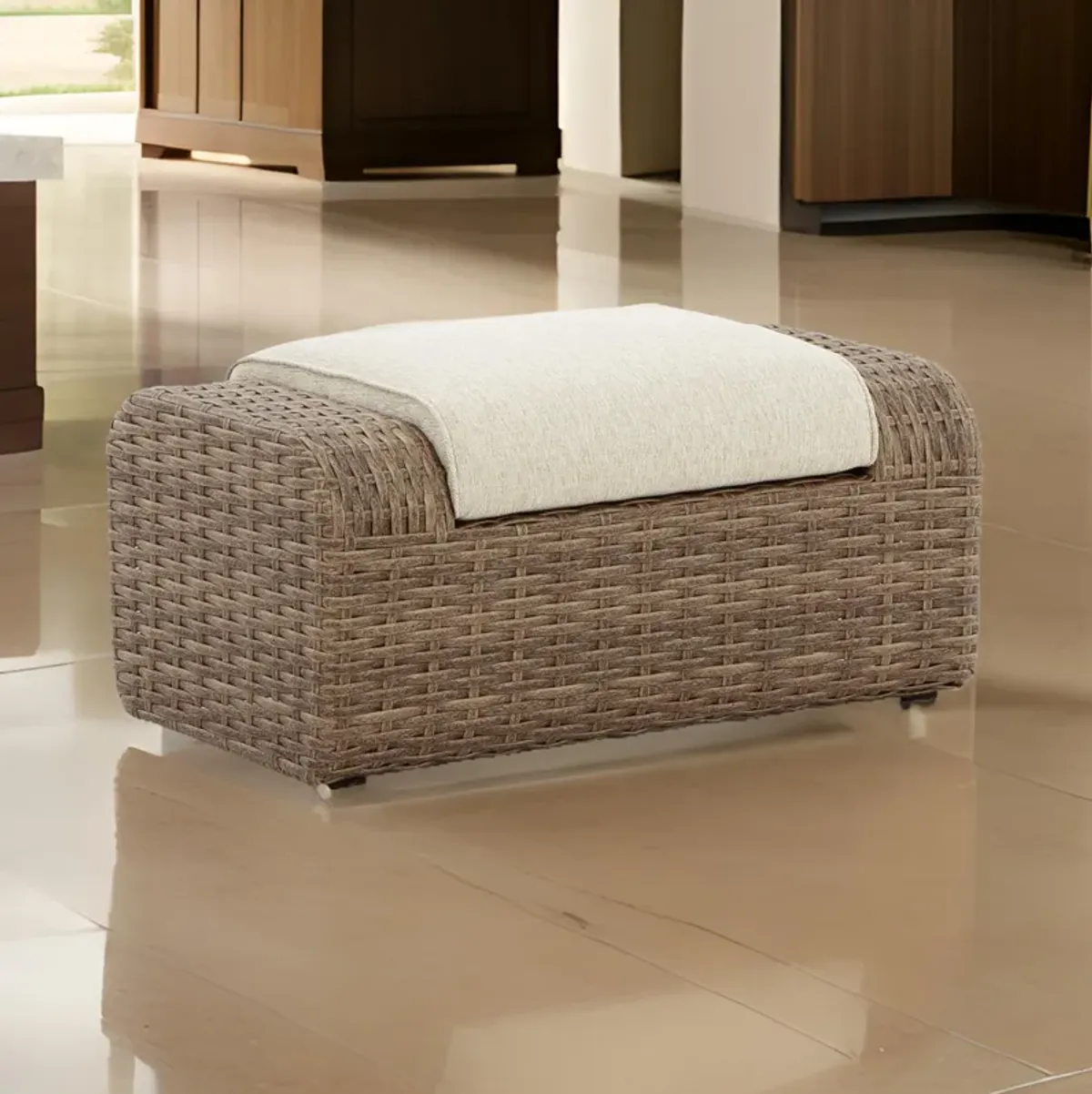 Julia 38 Inch Outdoor Ottoman with Cushion, Resin Wicker, Beige Fabric - Benzara