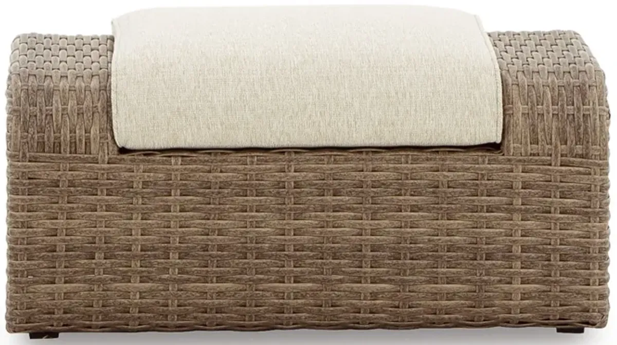 Julia 38 Inch Outdoor Ottoman with Cushion, Resin Wicker, Beige Fabric - Benzara