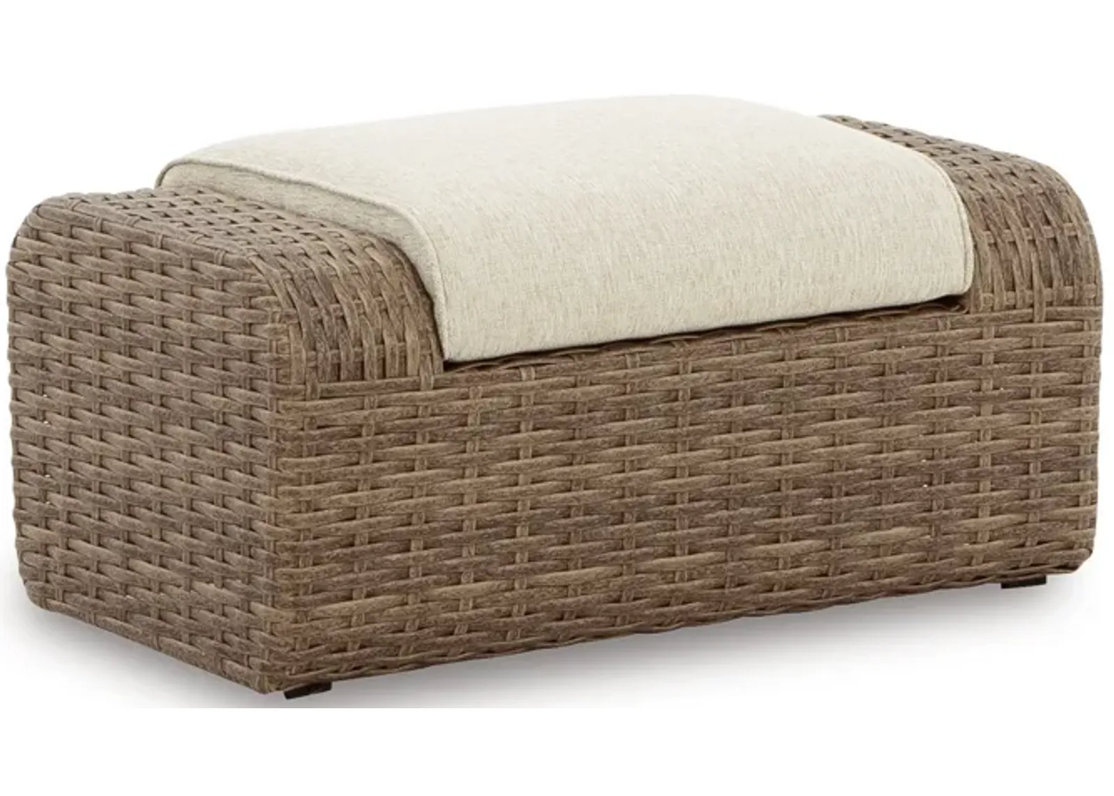 Julia 38 Inch Outdoor Ottoman with Cushion, Resin Wicker, Beige Fabric - Benzara