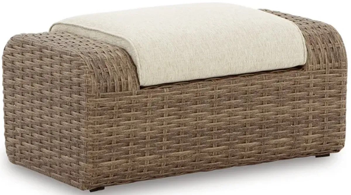 Julia 38 Inch Outdoor Ottoman with Cushion, Resin Wicker, Beige Fabric - Benzara