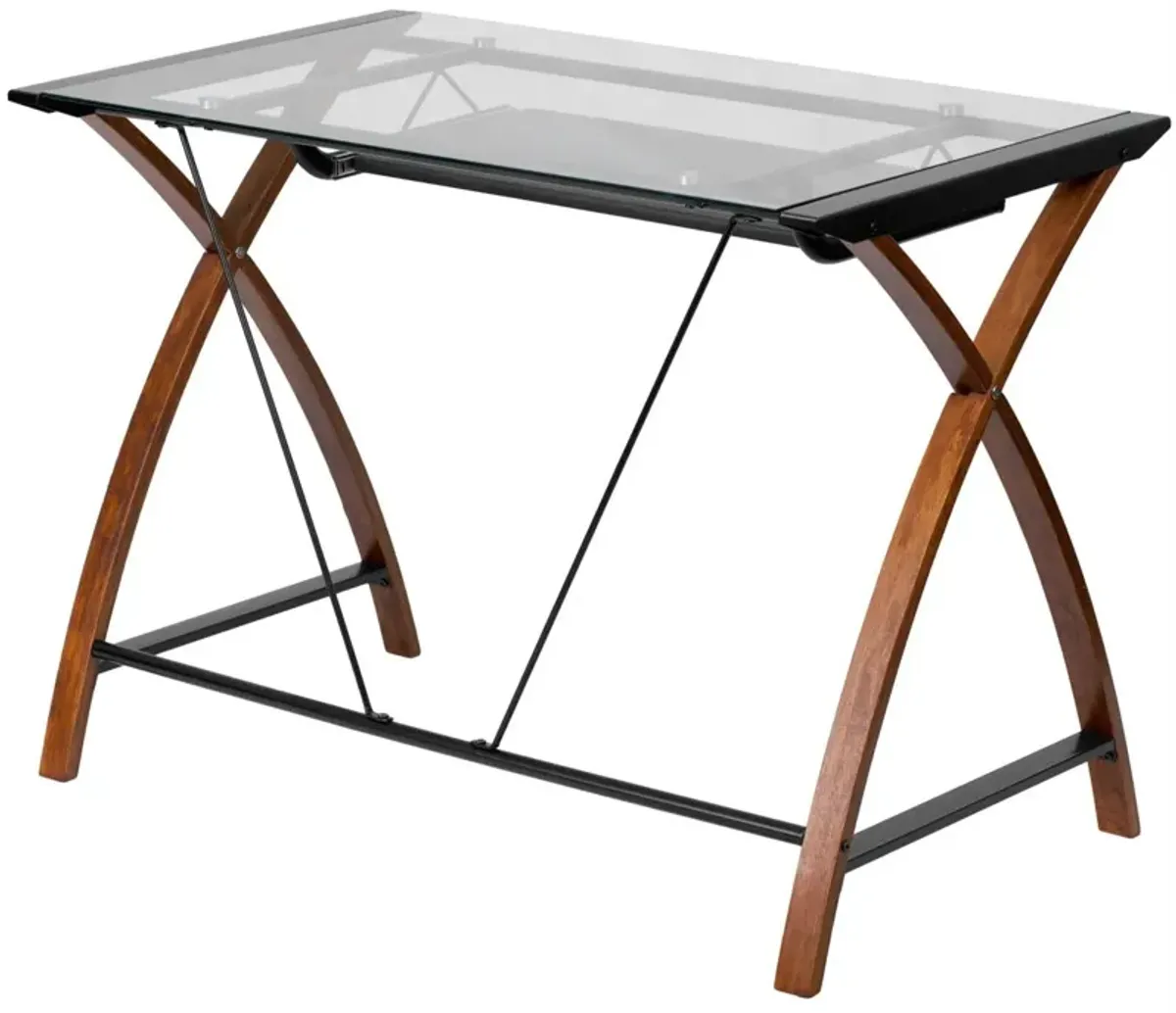 Hivvago Modern Cherry Finish Glass Top Writing Table Computer Desk with Keyboard Tray