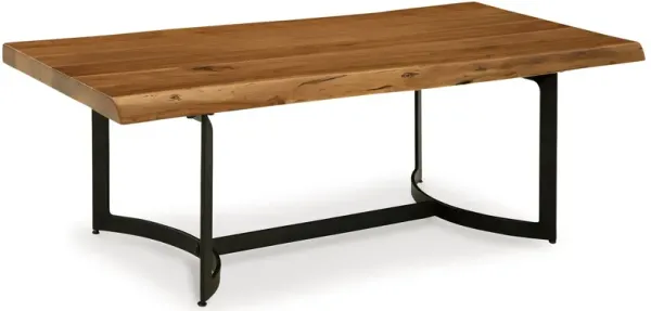 Dinno Coffee Table, Black Metal, 51 Inch Rectangular Brown Acacia Wood - Benzara