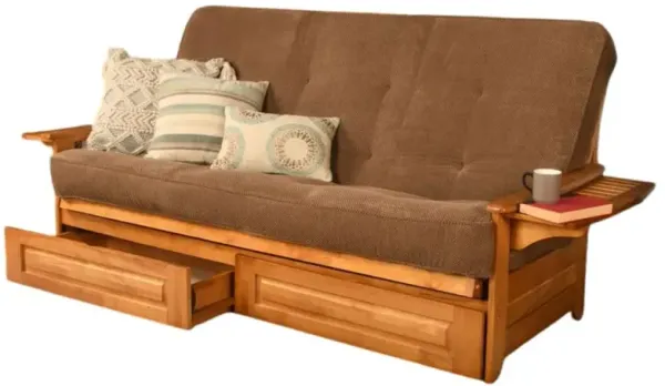 Phoenix Frame Queen-Butternut Finish-Marmont Mocha Mattress-Storage Drawers