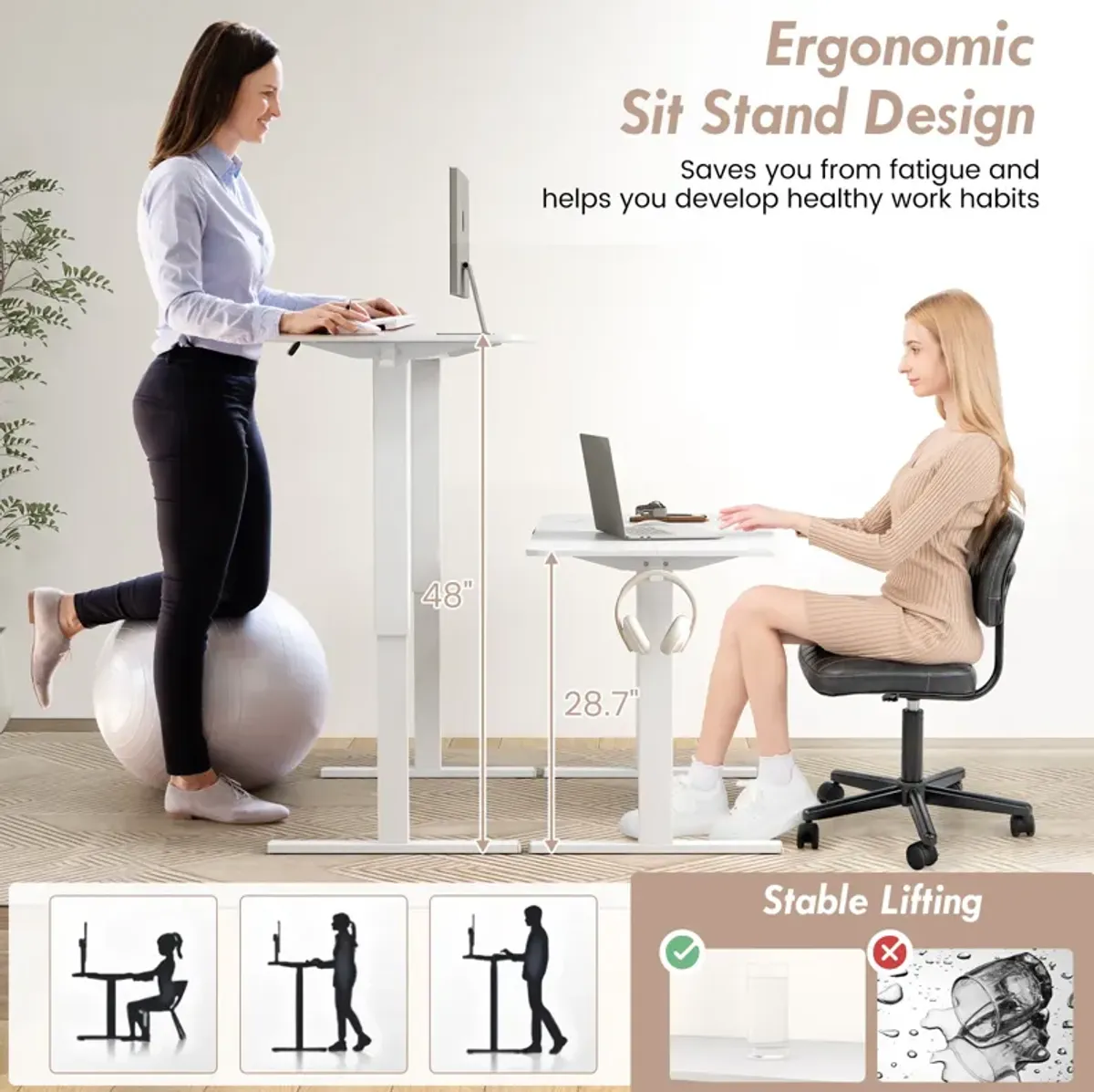 Sit-Stand Home Office Desk with 3 Adjustable Memory Height Settings for Ergonomic Comfort