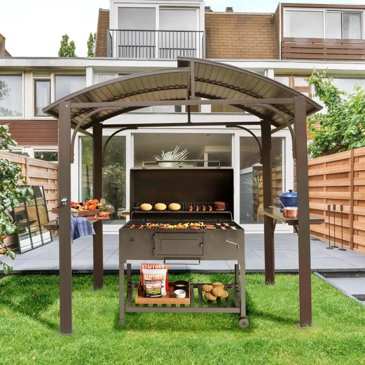MONDAWE 8x5FT Arc Roof, Grill Canopy for Outdoor Grill With Double Galvanized Steel Roof and 2 Side Shelves, BBQ Gazebo Grill Tent for Patio Garden Backyard