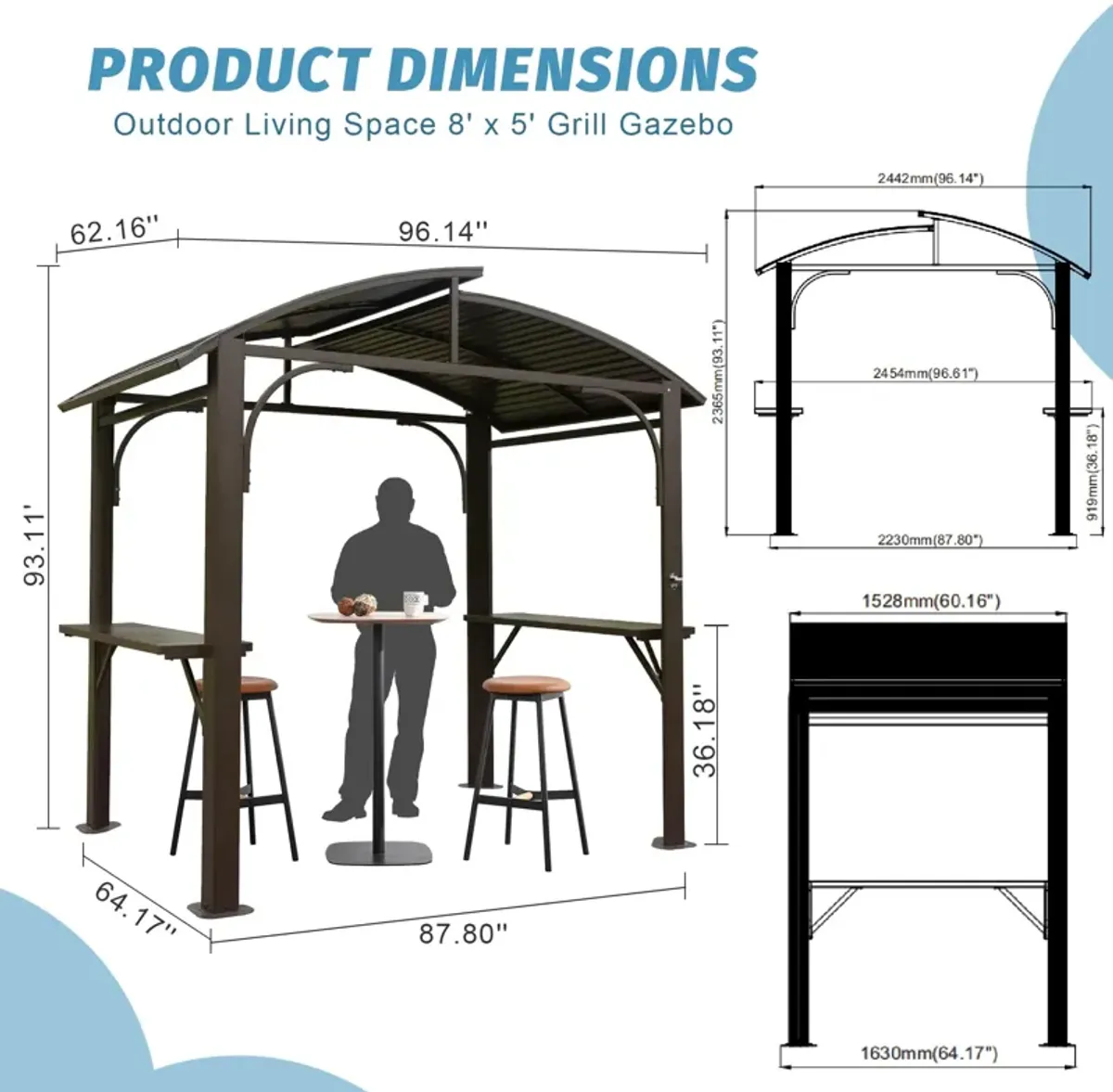 MONDAWE 8x5FT Arc Roof, Grill Canopy for Outdoor Grill With Double Galvanized Steel Roof and 2 Side Shelves, BBQ Gazebo Grill Tent for Patio Garden Backyard
