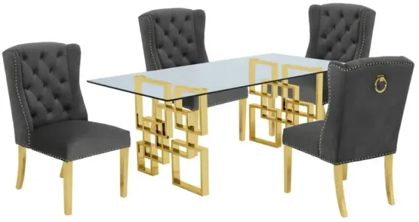 Classic 7 Piece Dining Set With Glass Table Top and Stainless Steel Legs with Ring Handle, Dark Grey