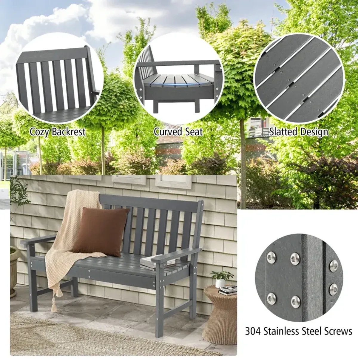 52 Inch All-Weather HDPE Outdoor Bench with Backrest and Armrests-Grey