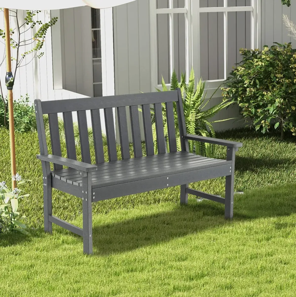 52 Inch All-Weather HDPE Outdoor Bench with Backrest and Armrests-Grey