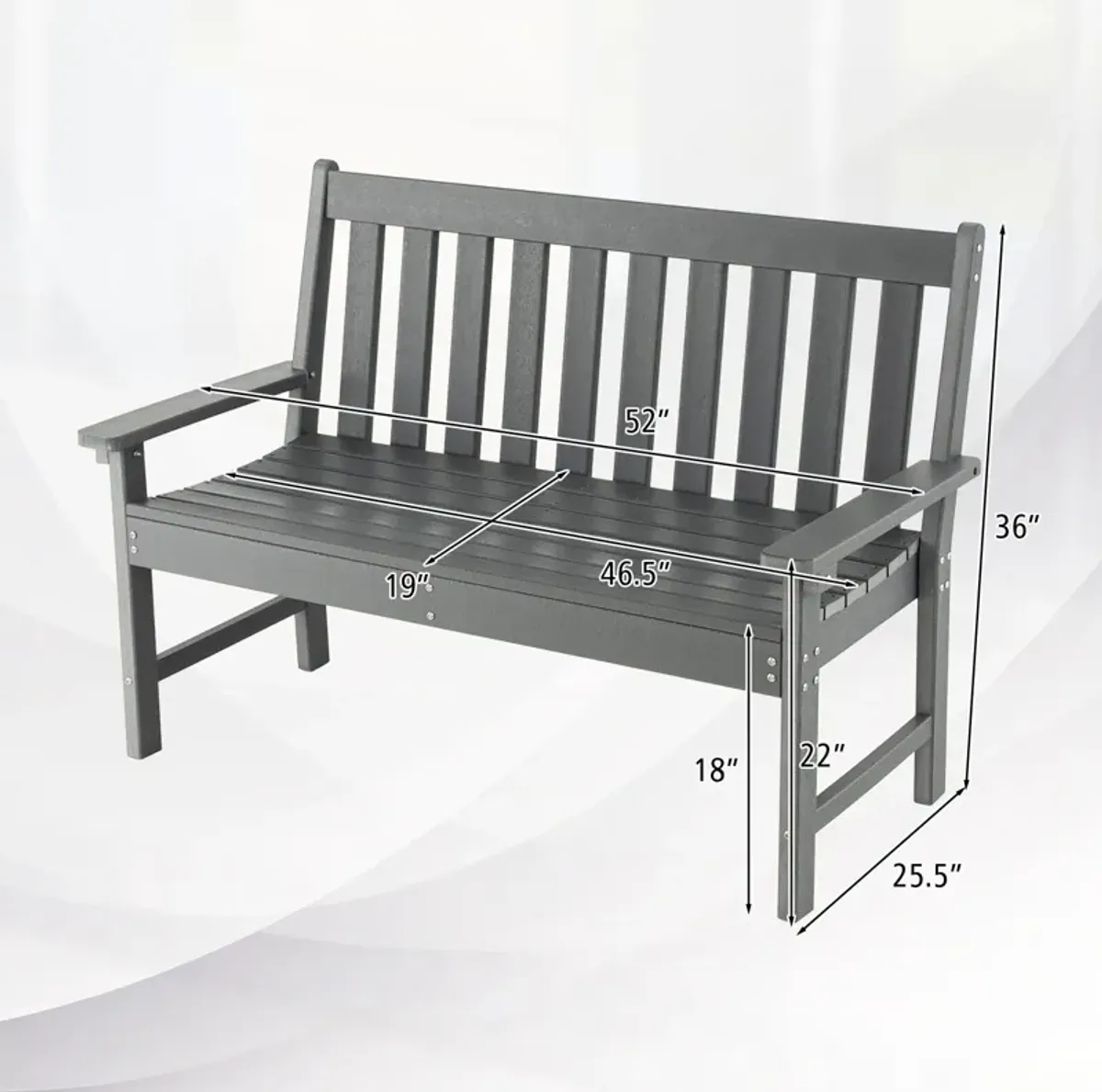 52 Inch All-Weather HDPE Outdoor Bench with Backrest and Armrests-Grey