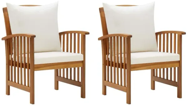 Mia Outdoor Chair Set of 2, White Fabric, Brown Wood, Slatted Design - Benzara