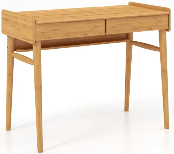 Bamboo Writing Desk with 2 Storage Drawers and Open Shelf-Natural