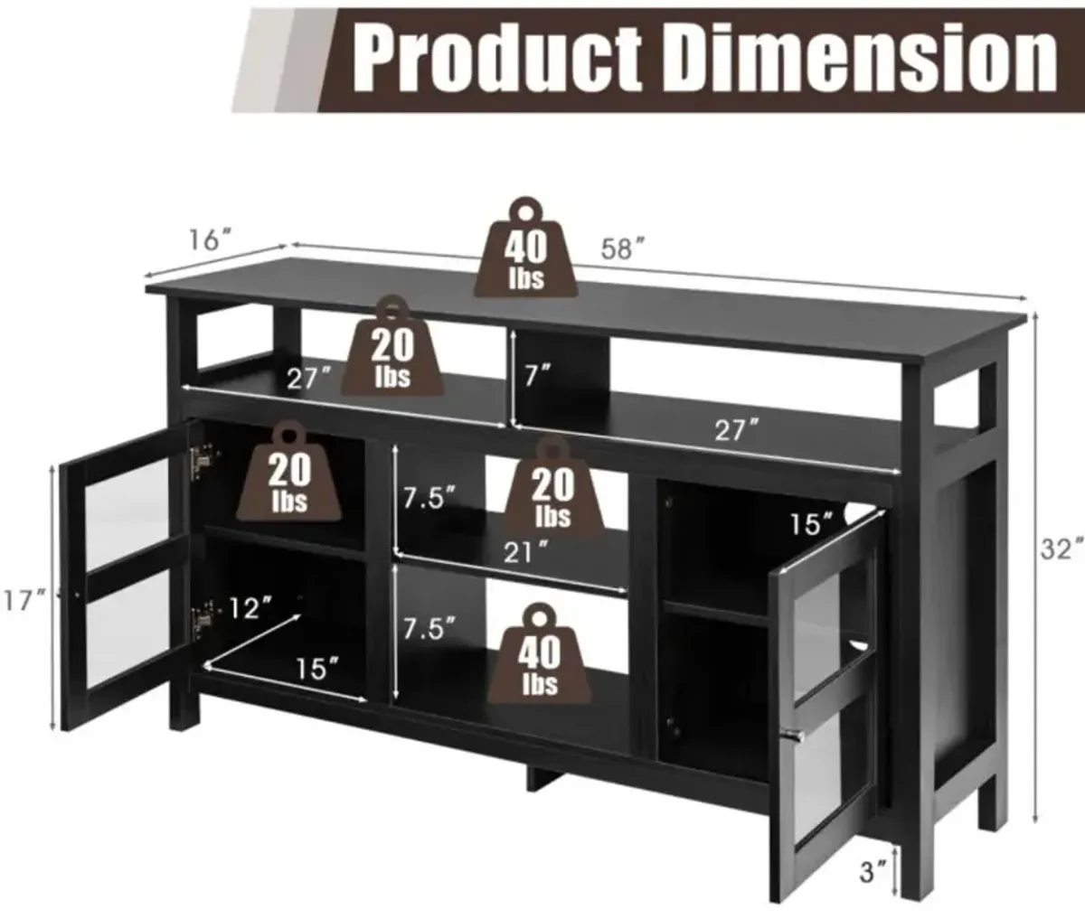 Hivvago 58 Inch TV Stand Console Center with 2 Cabinets and Open Shelf