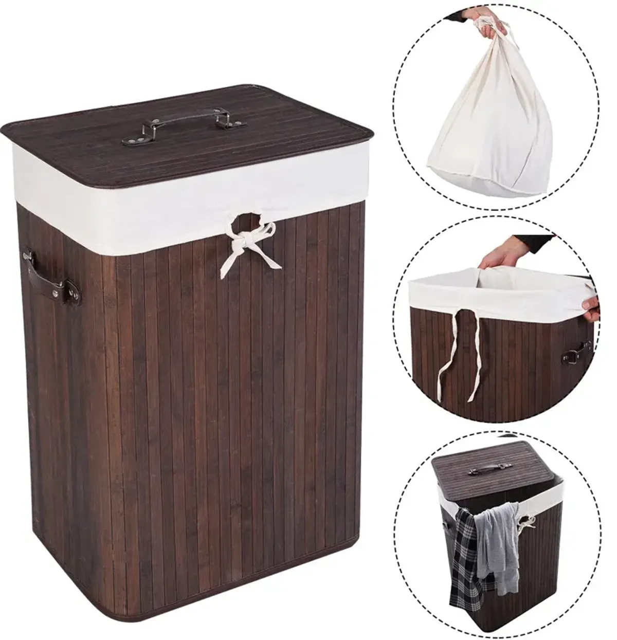 Rectangle Bamboo Hamper Laundry Basket Washing Cloth Bin Storage Bag Lid 3 color