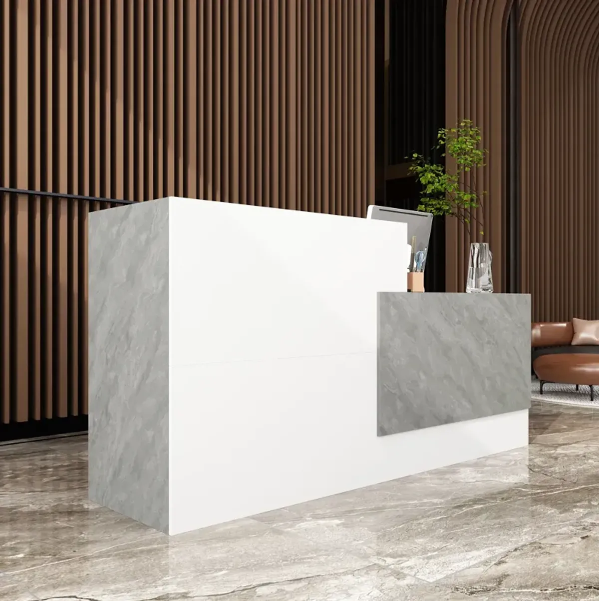 FUFU&GAGA Modern Reception Desk with Storage Shelves (86.6" L x 43.3" H x 23.6" D),White and Grey