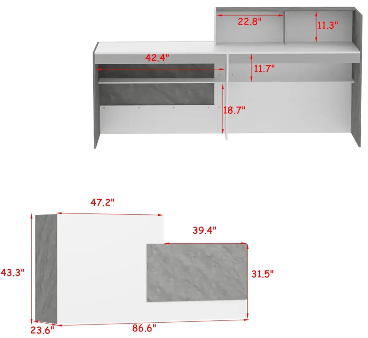 FUFU&GAGA Modern Reception Desk with Storage Shelves (86.6" L x 43.3" H x 23.6" D),White and Grey