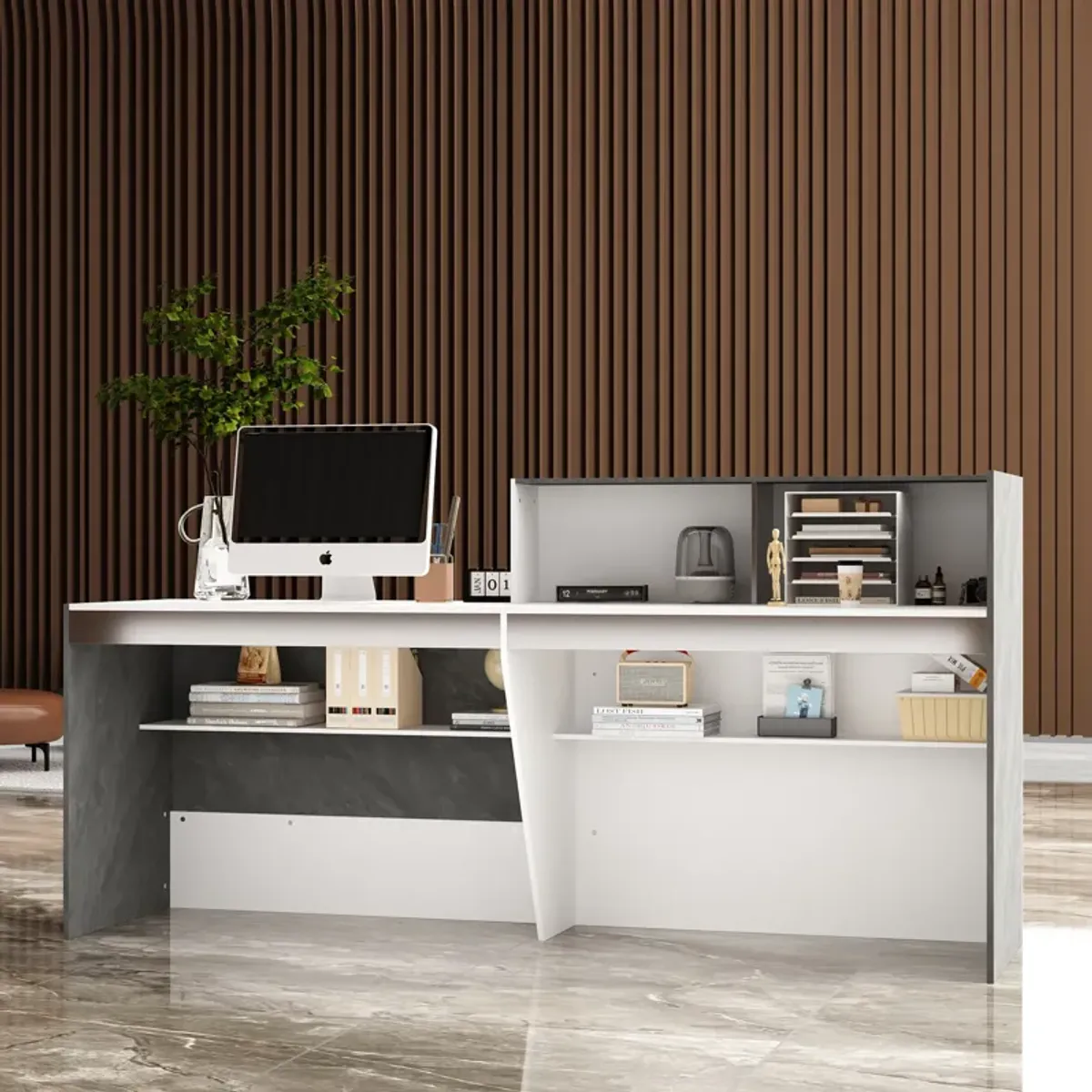 FUFU&GAGA Modern Reception Desk with Storage Shelves (86.6" L x 43.3" H x 23.6" D),White and Grey