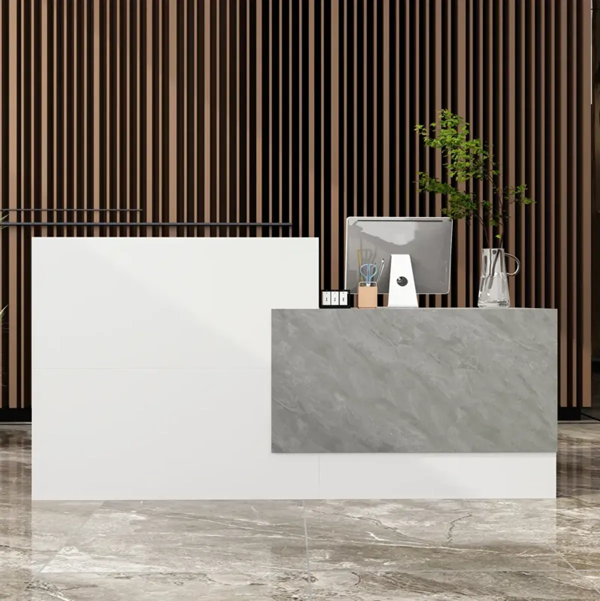 FUFU&GAGA Modern Reception Desk with Storage Shelves (86.6" L x 43.3" H x 23.6" D),White and Grey