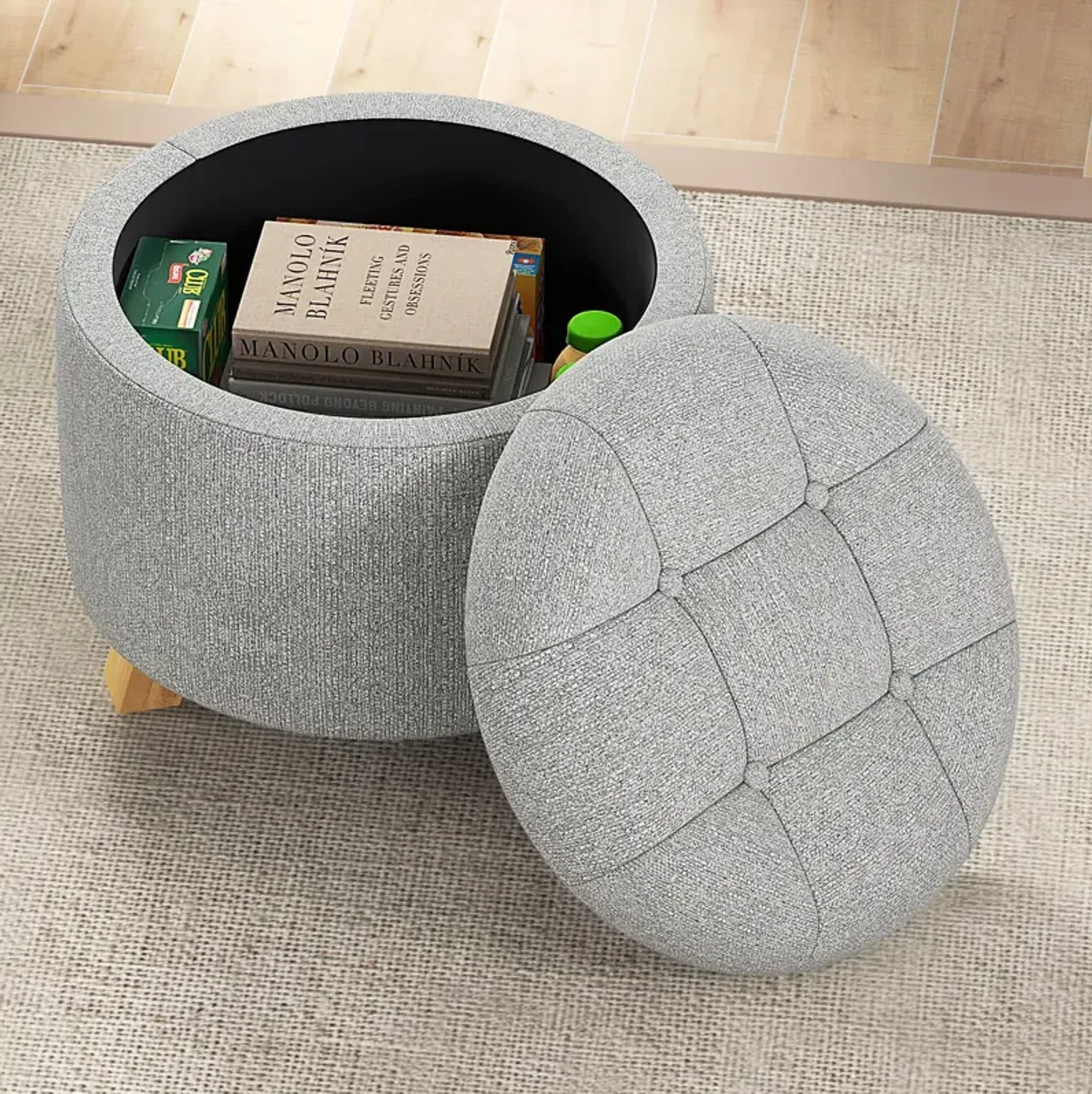 Upholstered Round Ottoman with Solid Rubber Feet-Gray