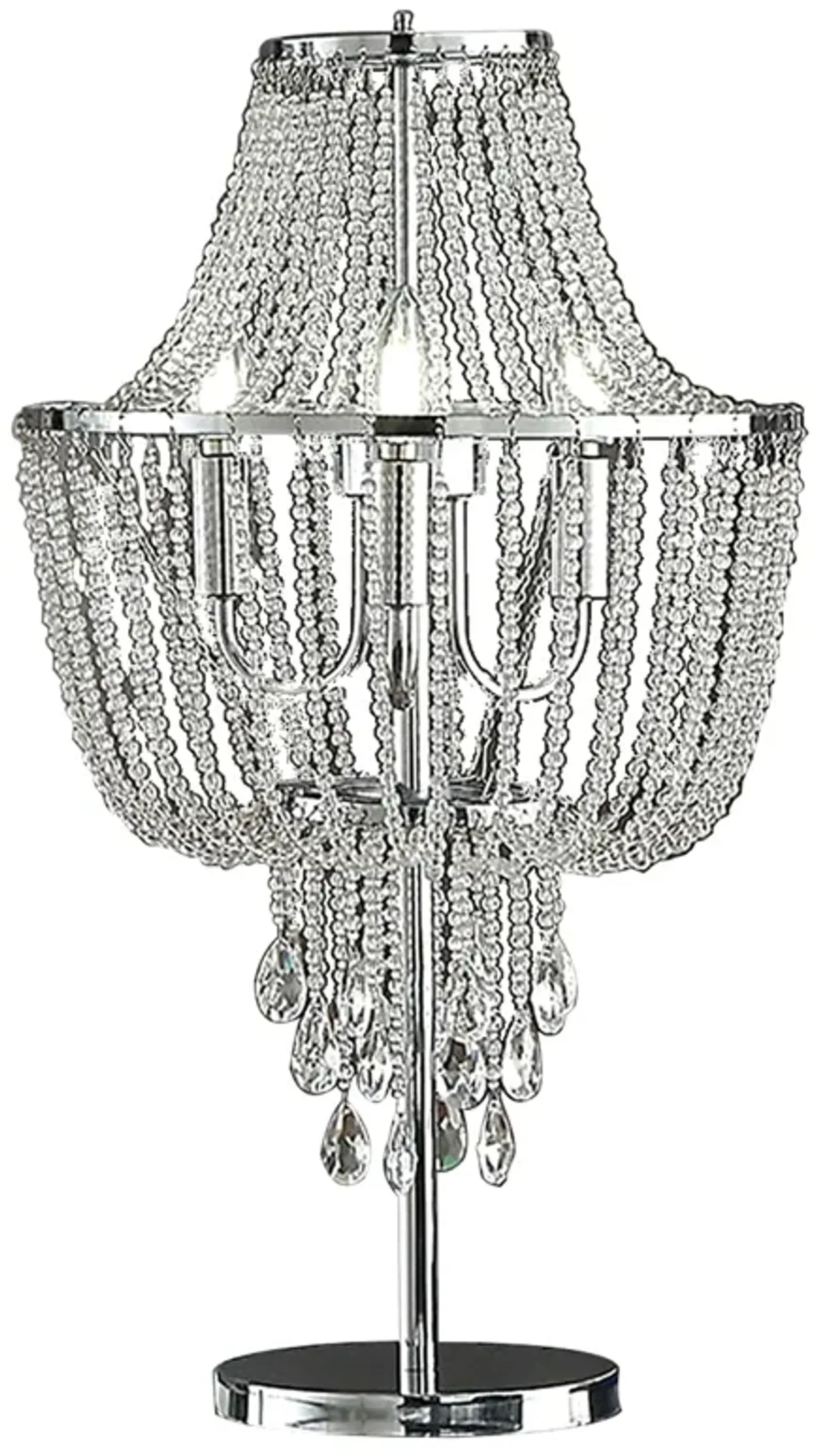 Cara 27 Inch Table Lamp, Hanging Drop Design, Crystal and Metal, Chrome-Benzara