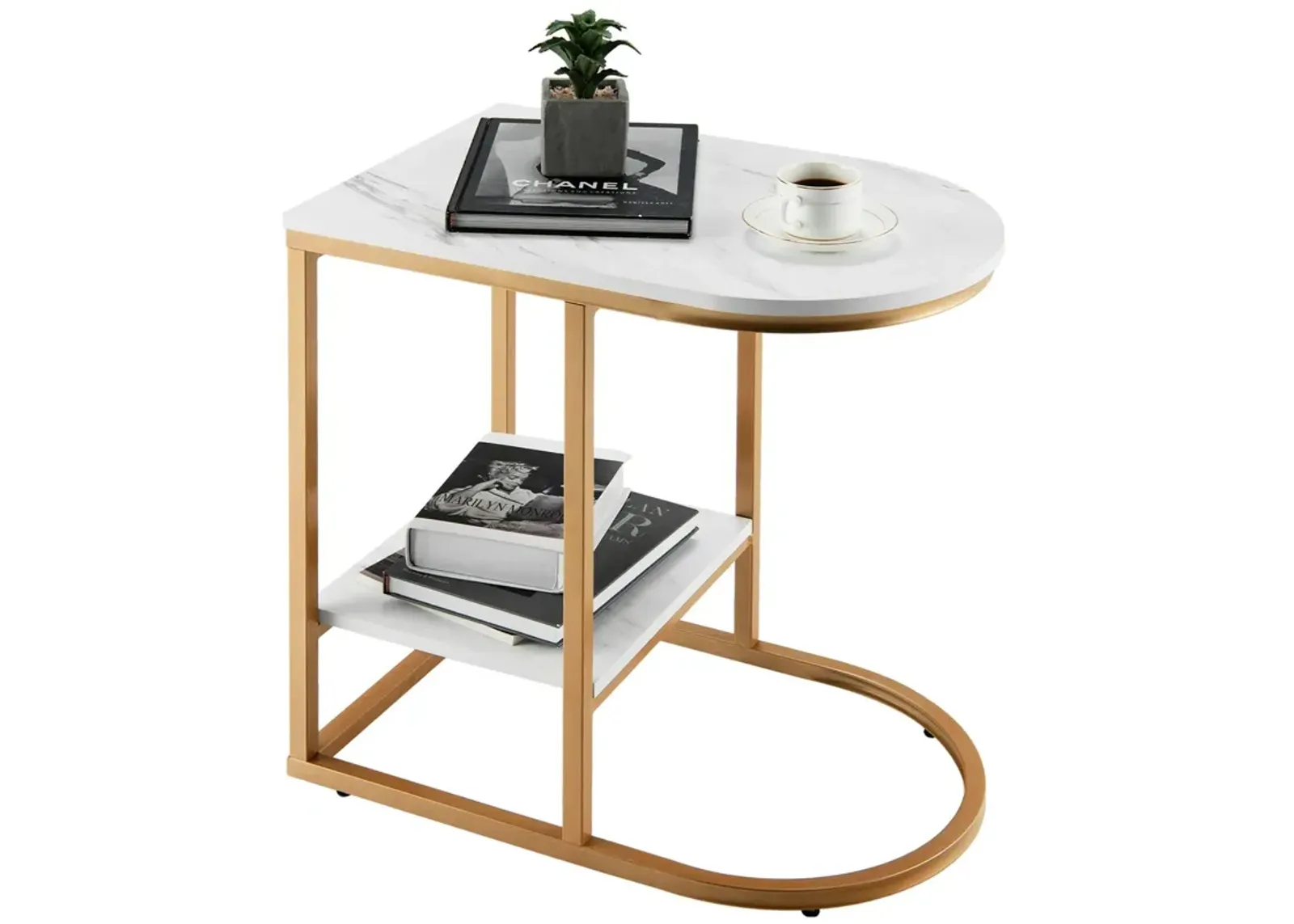 C-shaped Side Table with Faux Marble Tabletop and Golden Steel Frame