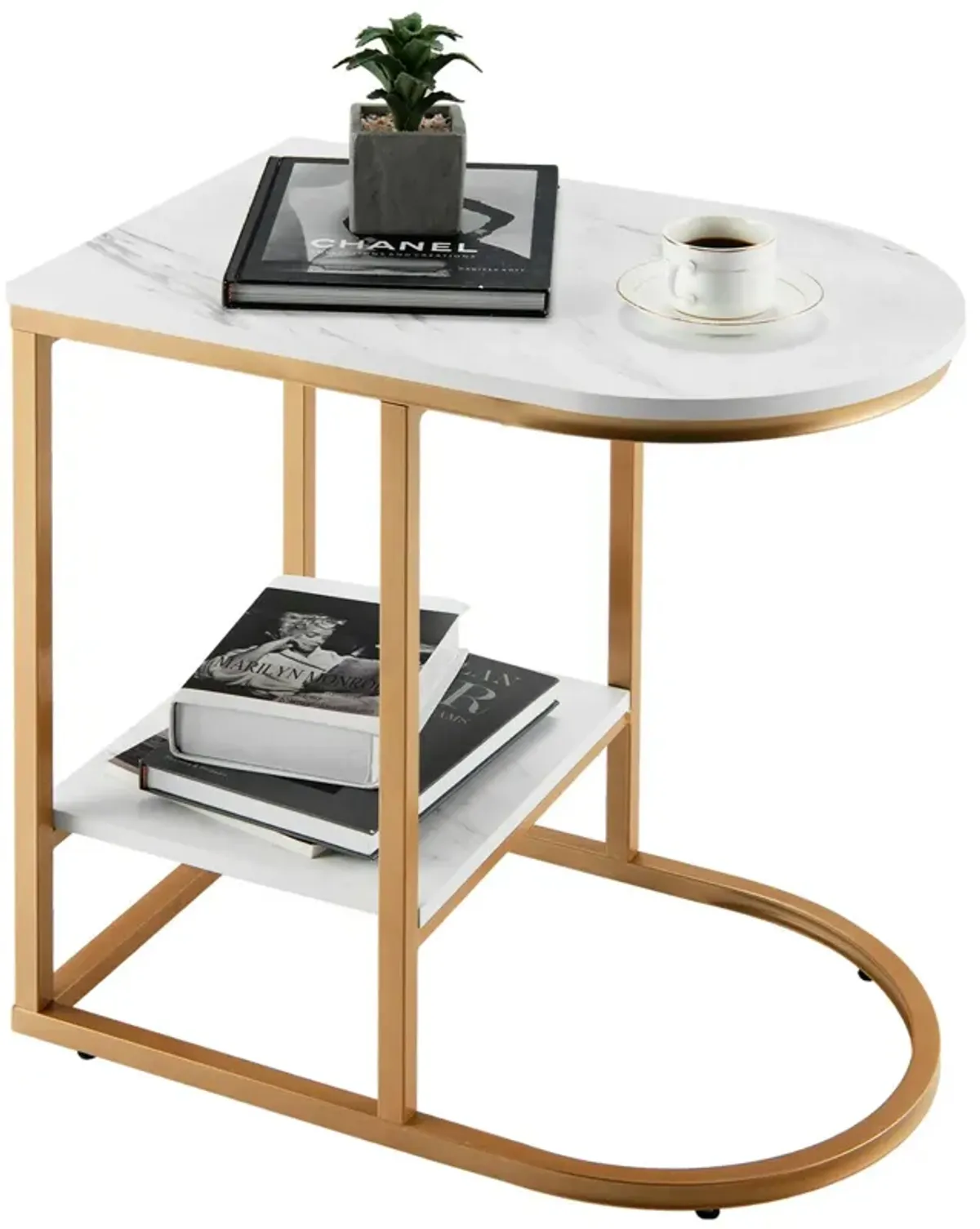 C-shaped Side Table with Faux Marble Tabletop and Golden Steel Frame