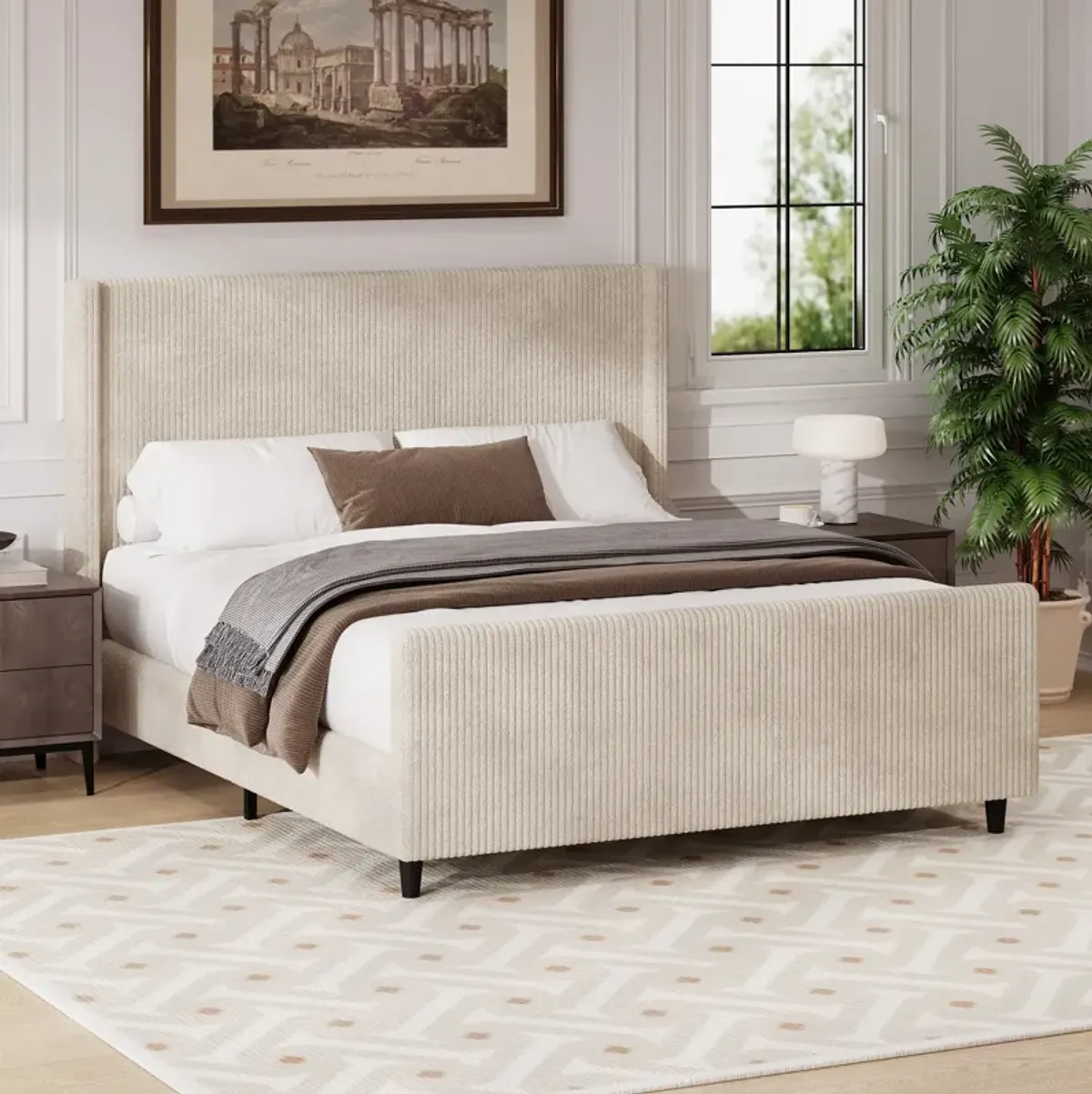 Merax High Headboard Corduroy Platform Bed Bedroom Furniture