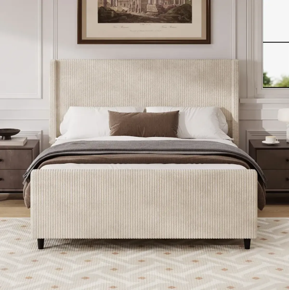 Merax High Headboard Corduroy Platform Bed Bedroom Furniture