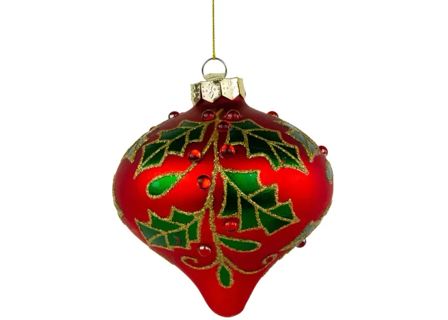 4.5" Red Glass Christmas Ornament with Holly Leaves