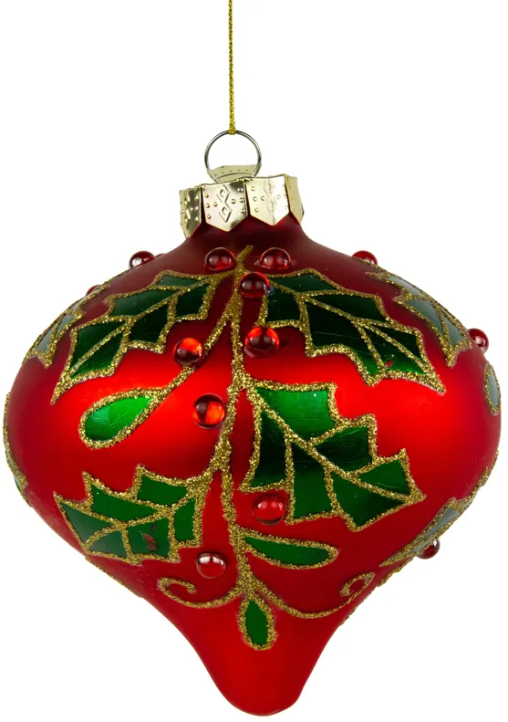 4.5" Red Glass Christmas Ornament with Holly Leaves