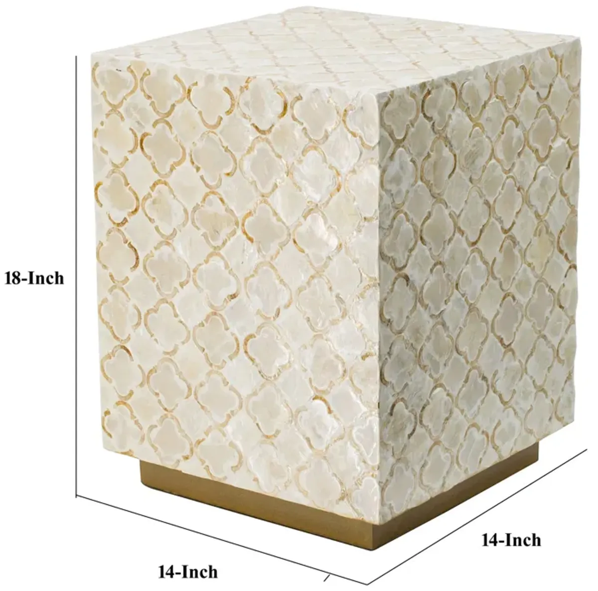 18 Inch Accent Side End Table Stool, Square, Cream Capiz, Gold Base - Benzara