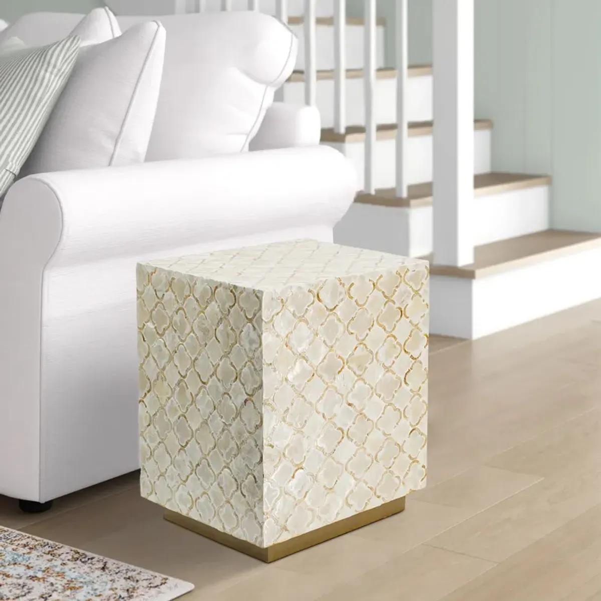 18 Inch Accent Side End Table Stool, Square, Cream Capiz, Gold Base - Benzara