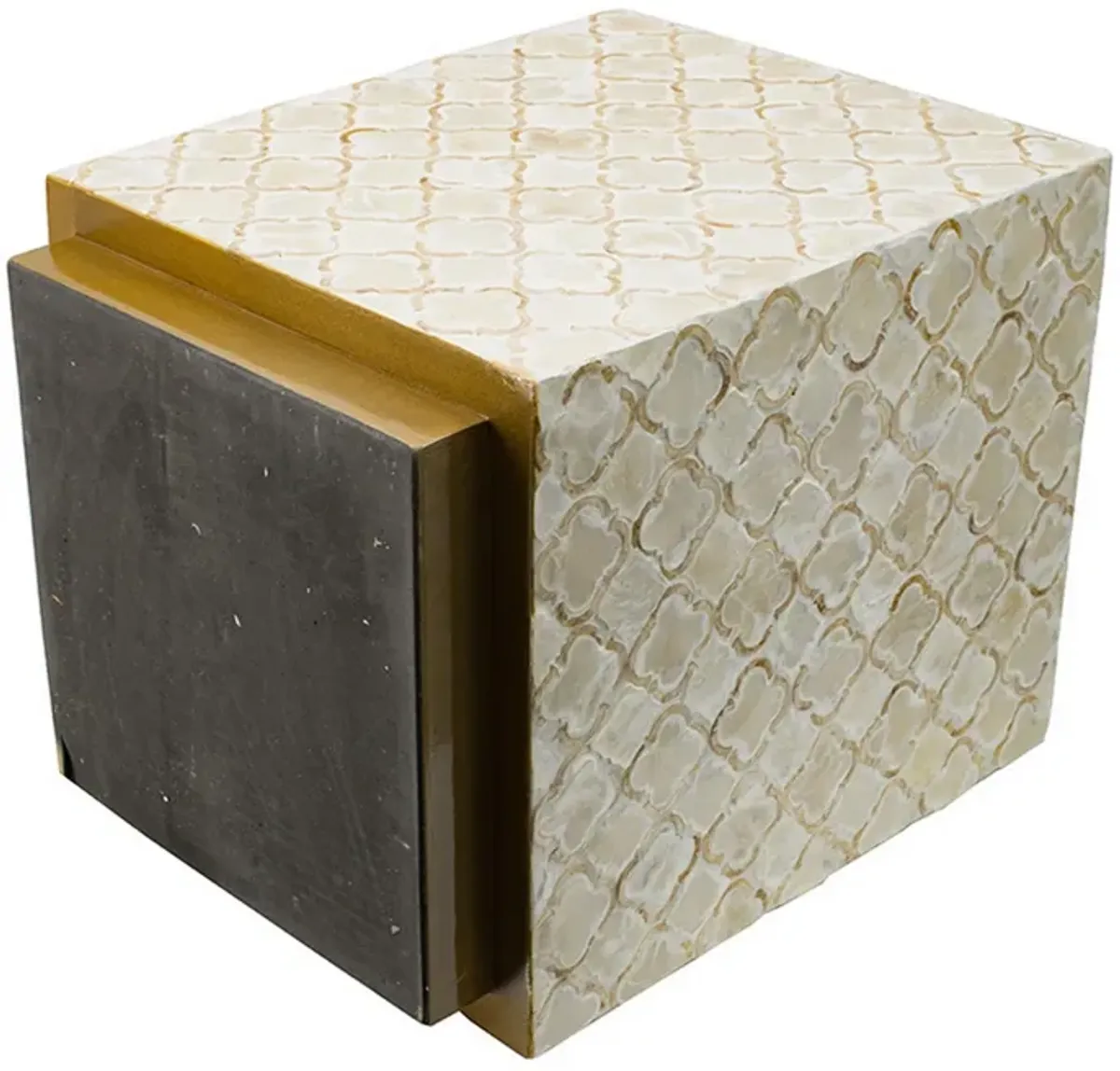 18 Inch Accent Side End Table Stool, Square, Cream Capiz, Gold Base - Benzara