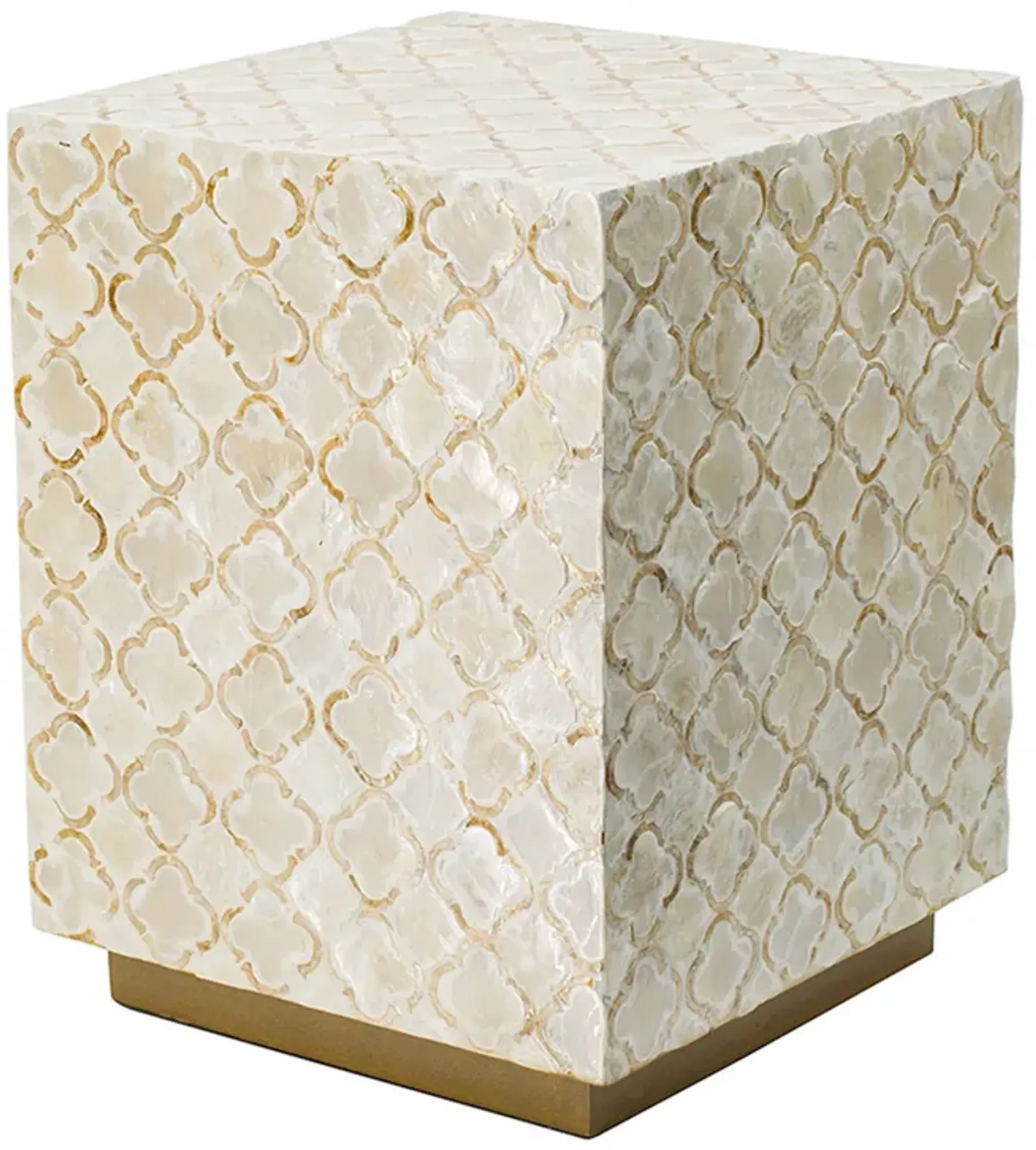 18 Inch Accent Side End Table Stool, Square, Cream Capiz, Gold Base - Benzara