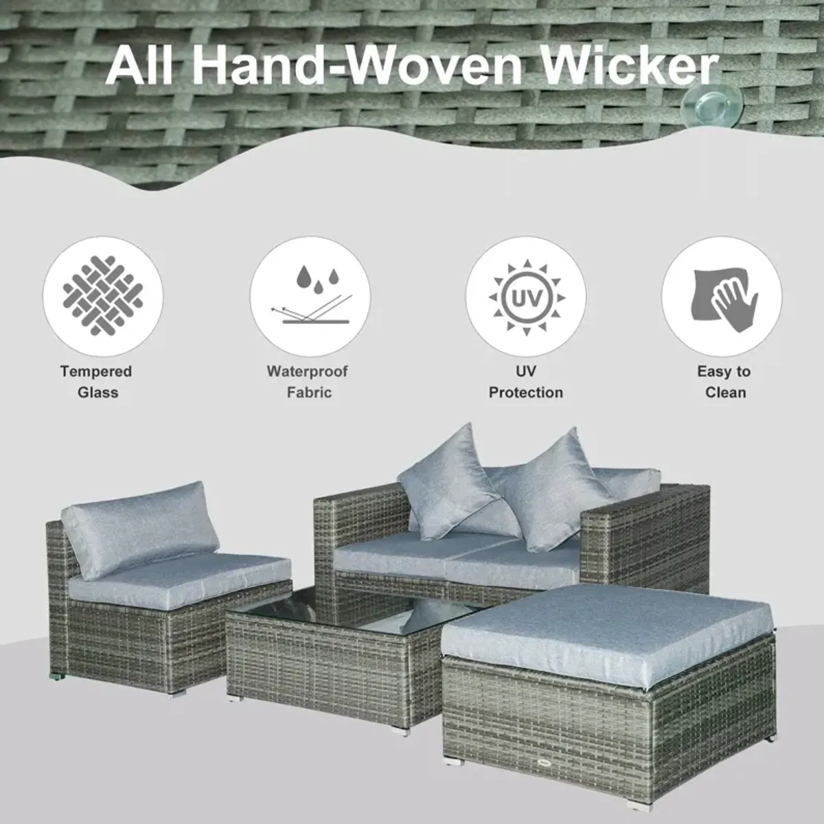 Mixed Grey Outdoor Set: 5-Piece PE Rattan Wicker Sofa Sectional