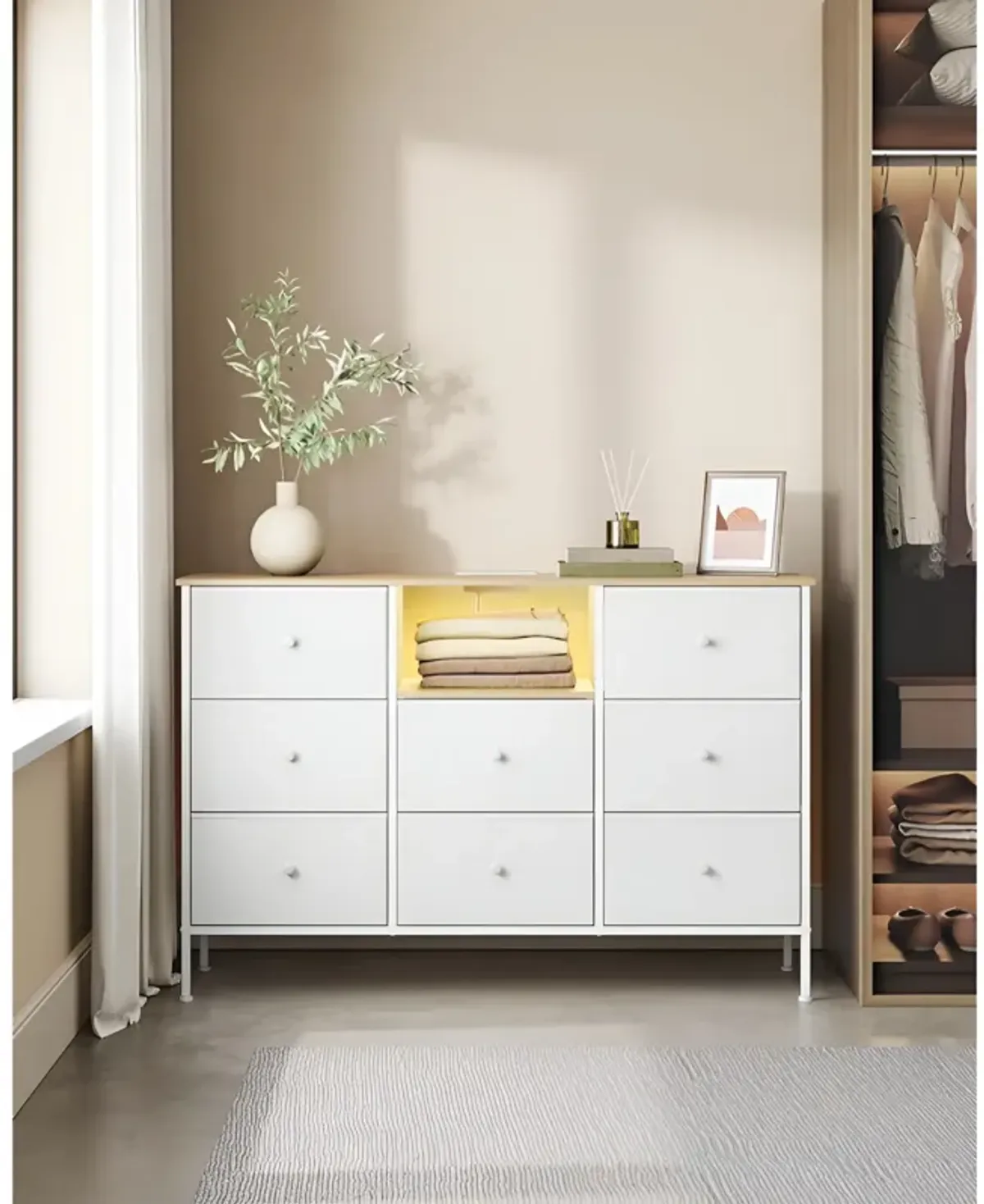 Fabric Dresser with Power Outlets & LED Lights – Stylish Chest of Drawers