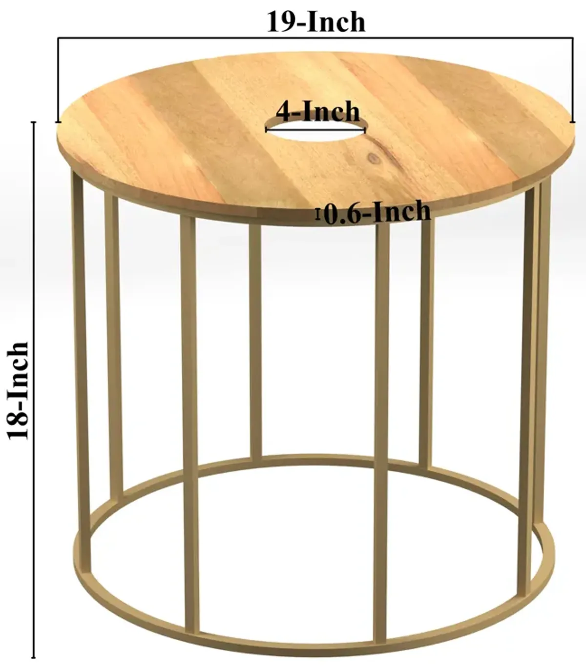 19 Inch Side End Table, O Round Shape Natural Mango Wood Top, Brass Powder Coated Open Frame